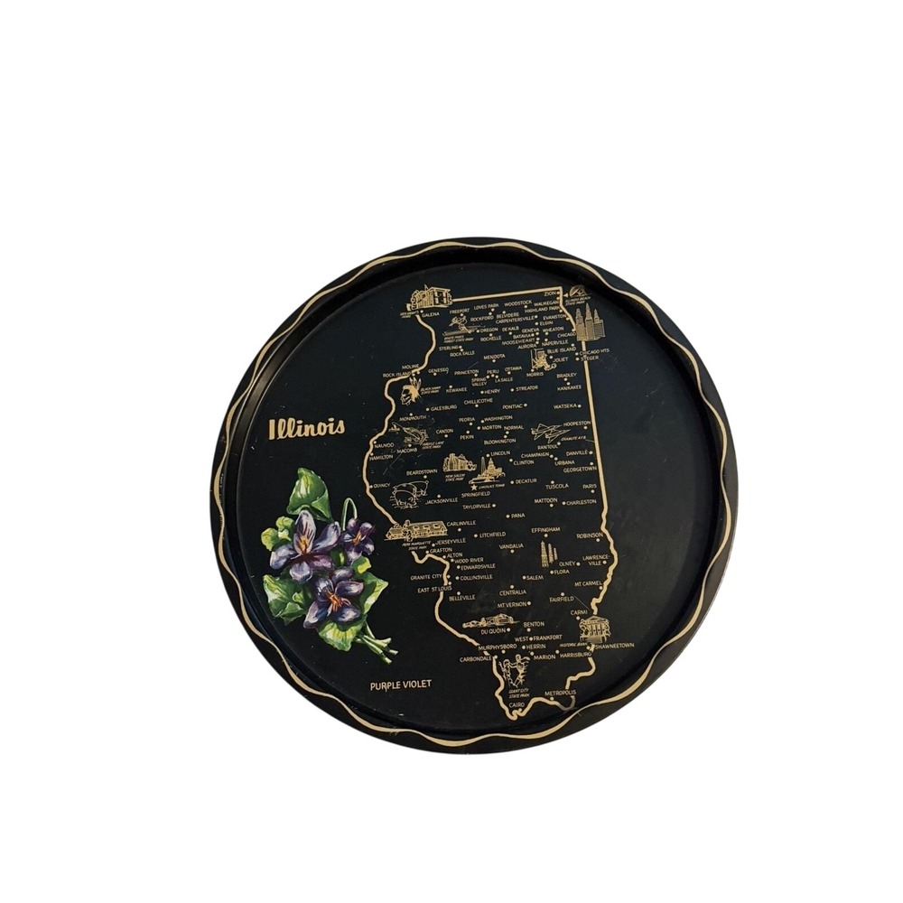 Vintage Illinois State Map Souvenir Tin Tray Black Gold Purple Violet 11 inch
